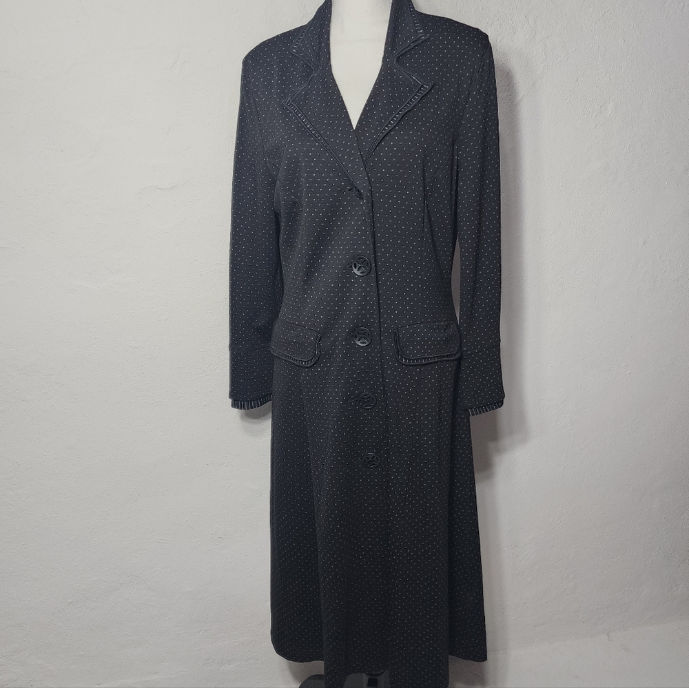 J J Black Micro Dot Coat Dress Womens Size 6 Button Front Midi Career